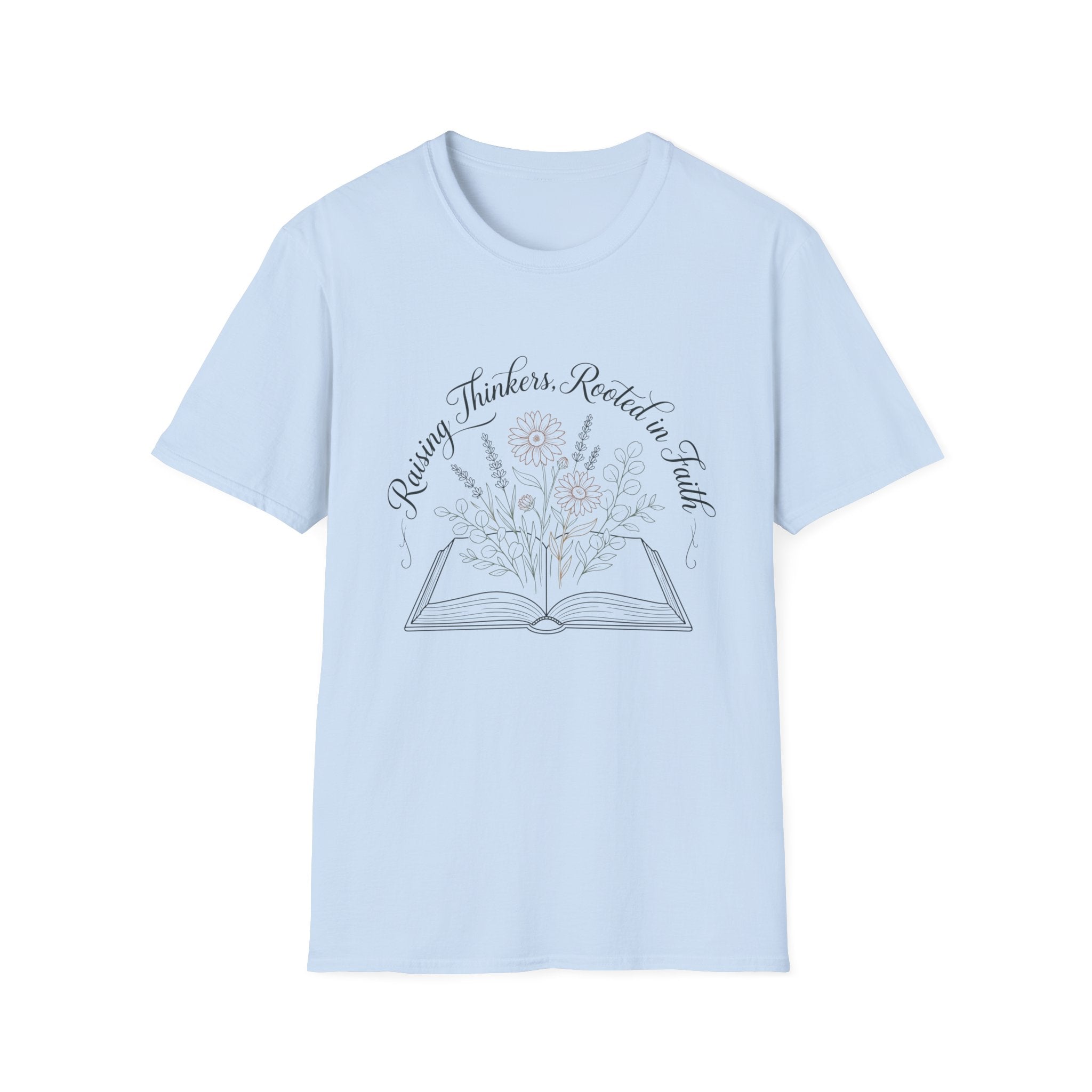 Raising Thinkers, Rooted in Faith Floral Book homeschool mom graphic t-shirt with a faith-filled homeschool design with gentle lettering and classic illustrative details