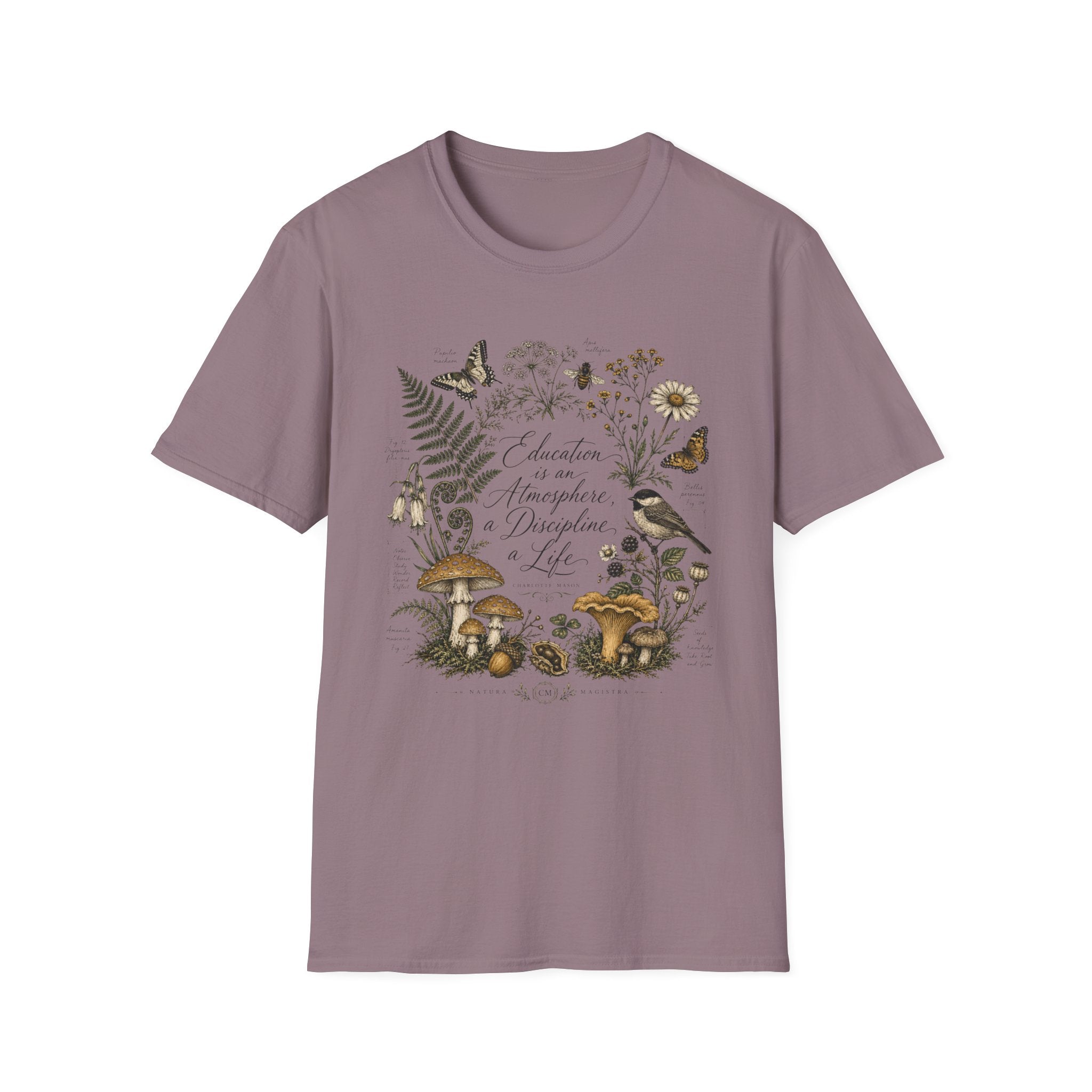 Education Is An Atmosphere homeschool mom graphic t-shirt with a Charlotte Mason-inspired design with books, nature details, and vintage homeschool charm