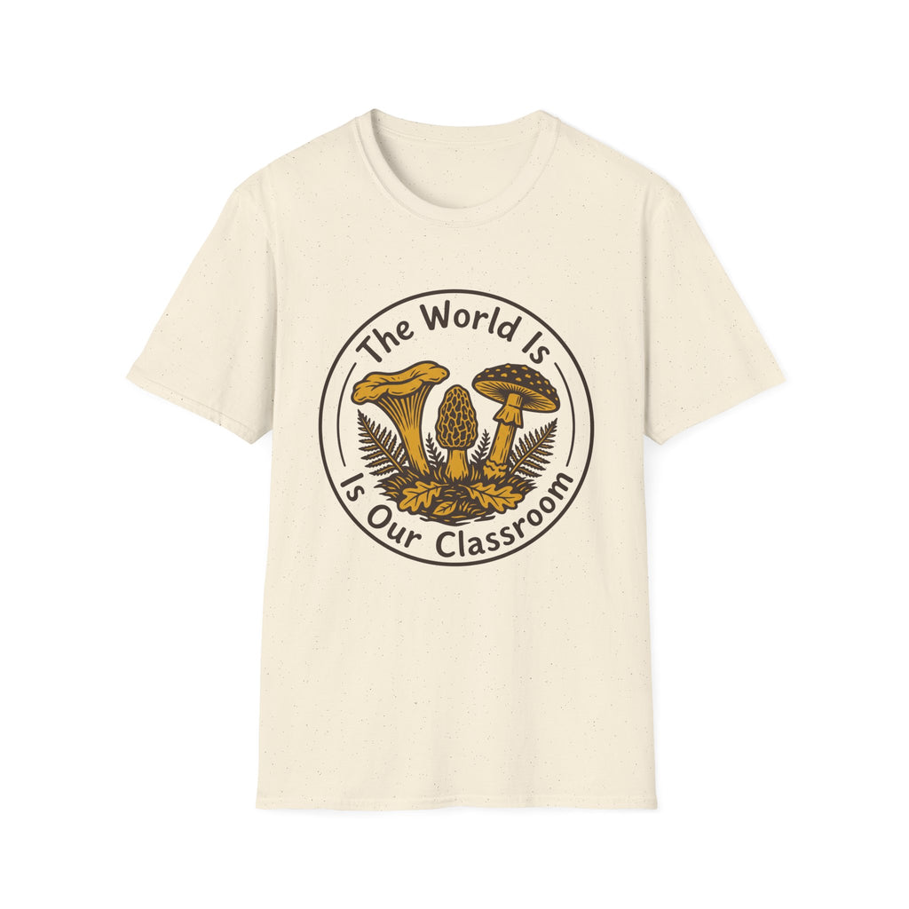 The World Is Our Classroom homeschool mom graphic t-shirt with an adventurous homeschool graphic with nature, books, and outdoor learning energy
