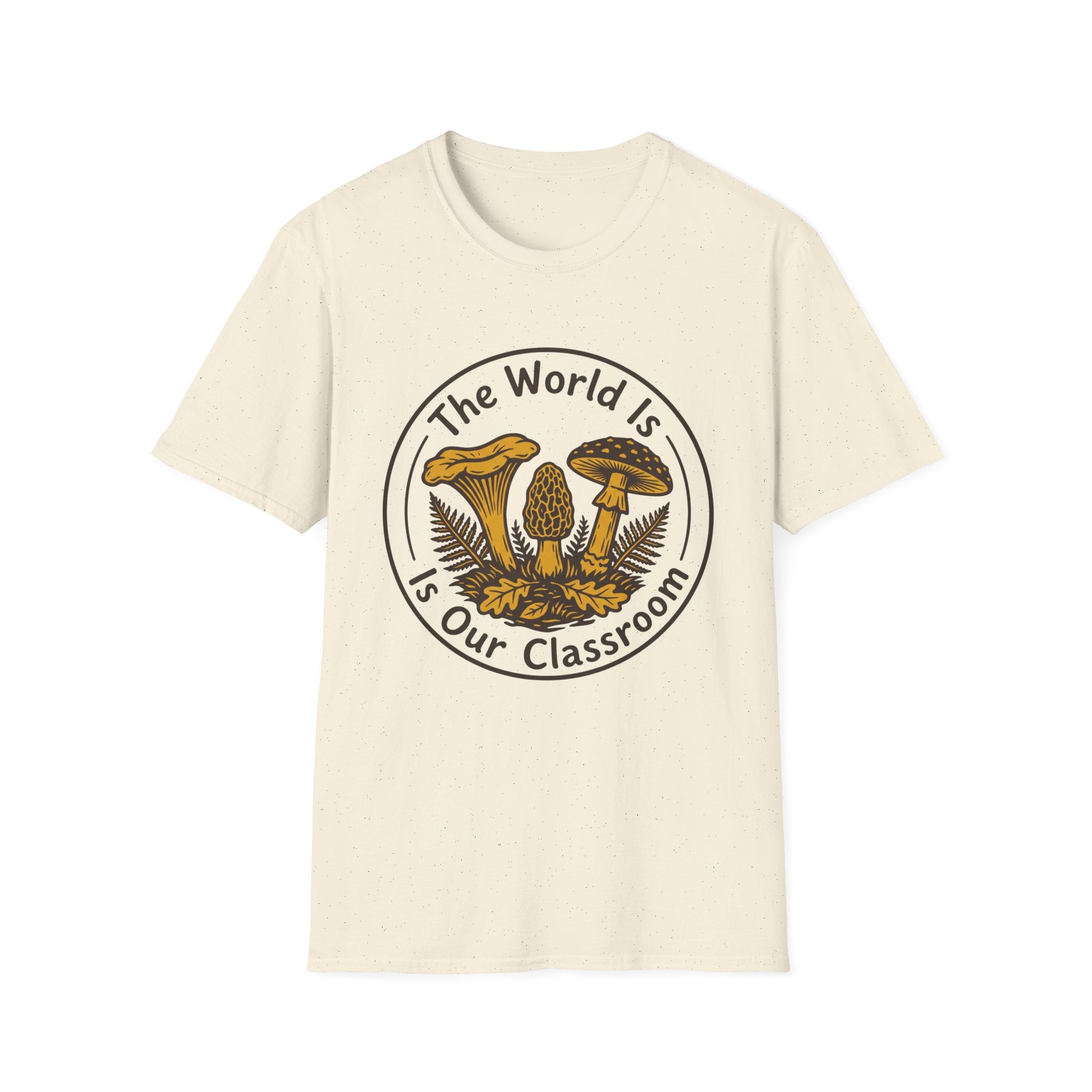 The World Is Our Classroom homeschool mom graphic t-shirt with an adventurous homeschool graphic with nature, books, and outdoor learning energy