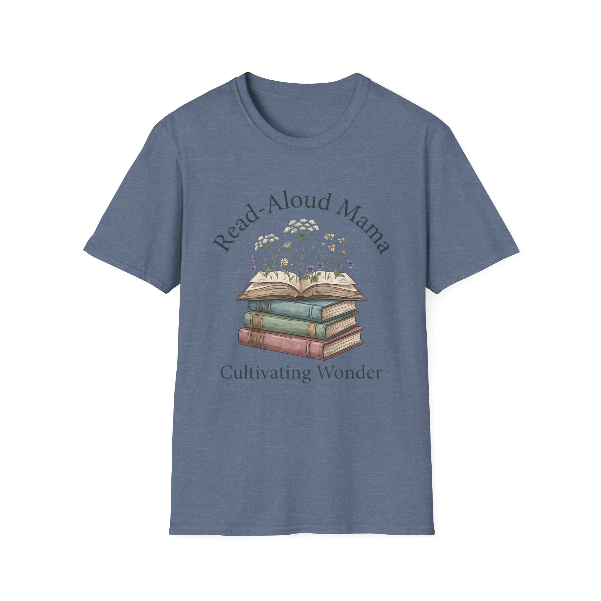 Read Aloud Mama homeschool mom graphic t-shirt with a sweet read-aloud design with stacked books, florals, and gentle homeschool charm