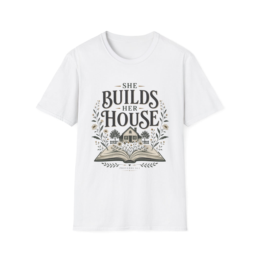 She Builds Her House homeschool mom graphic t-shirt with a faith-filled homeschool design with gentle lettering and classic illustrative details