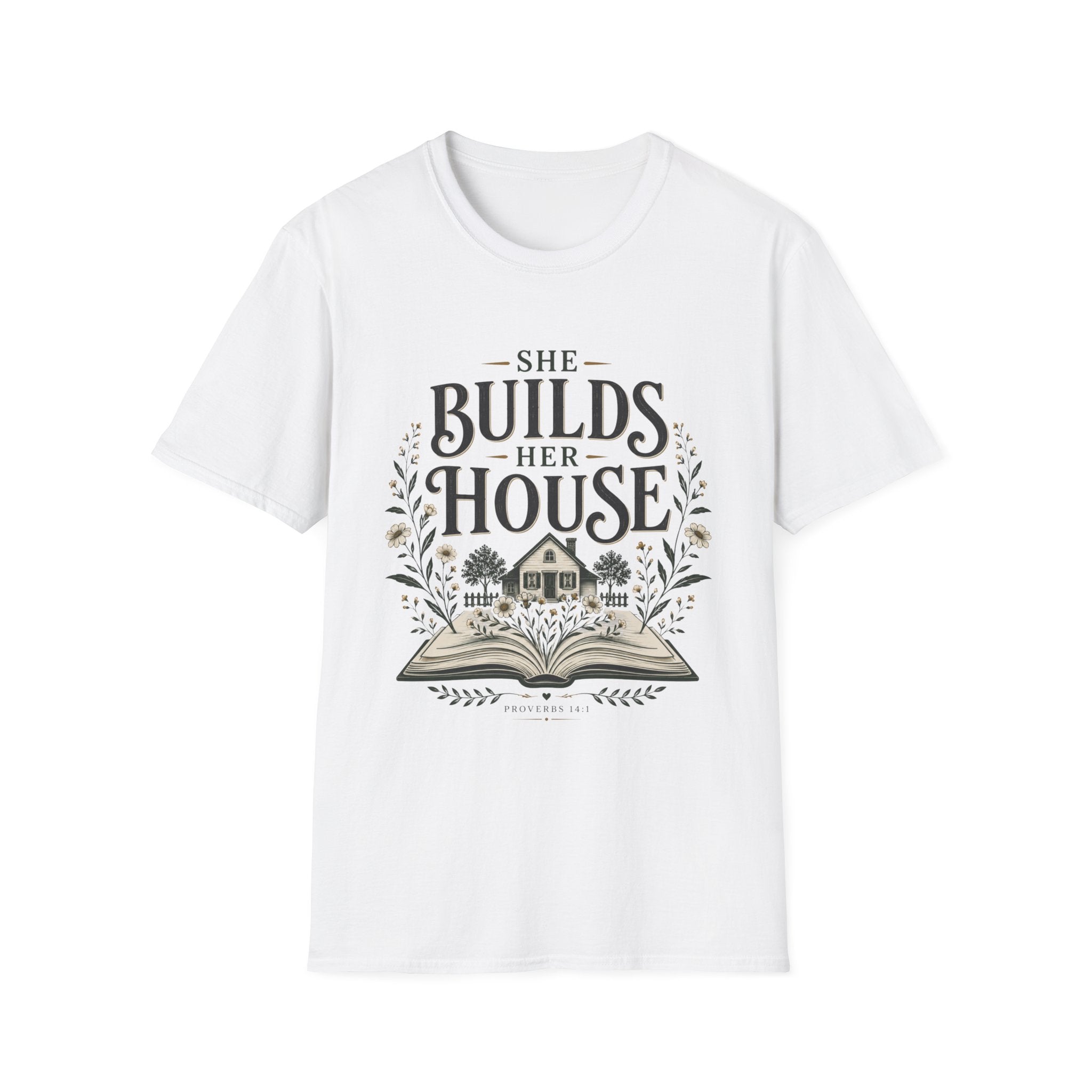 She Builds Her House homeschool mom graphic t-shirt with a faith-filled homeschool design with gentle lettering and classic illustrative details