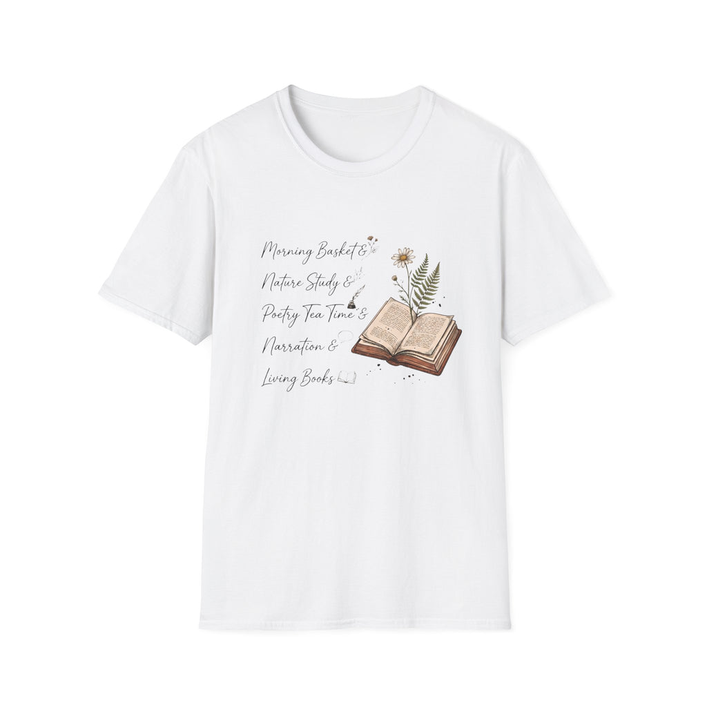 CM Homeschool Check List homeschool mom graphic t-shirt with a playful checklist-style homeschool graphic with bookish and nature-inspired details
