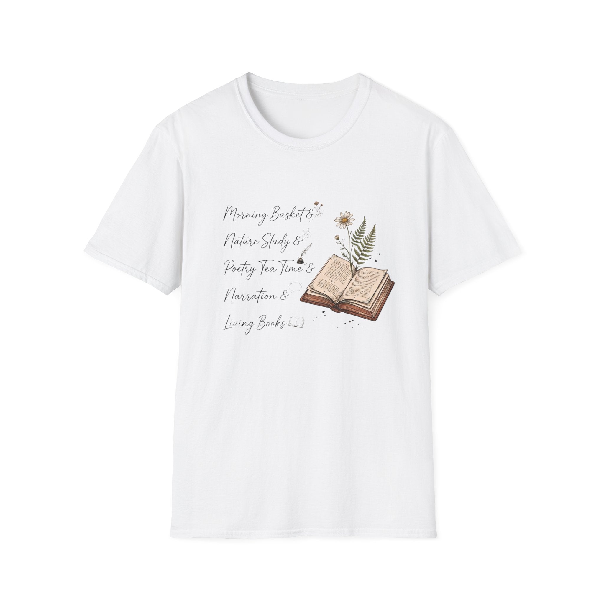 CM Homeschool Check List homeschool mom graphic t-shirt with a playful checklist-style homeschool graphic with bookish and nature-inspired details