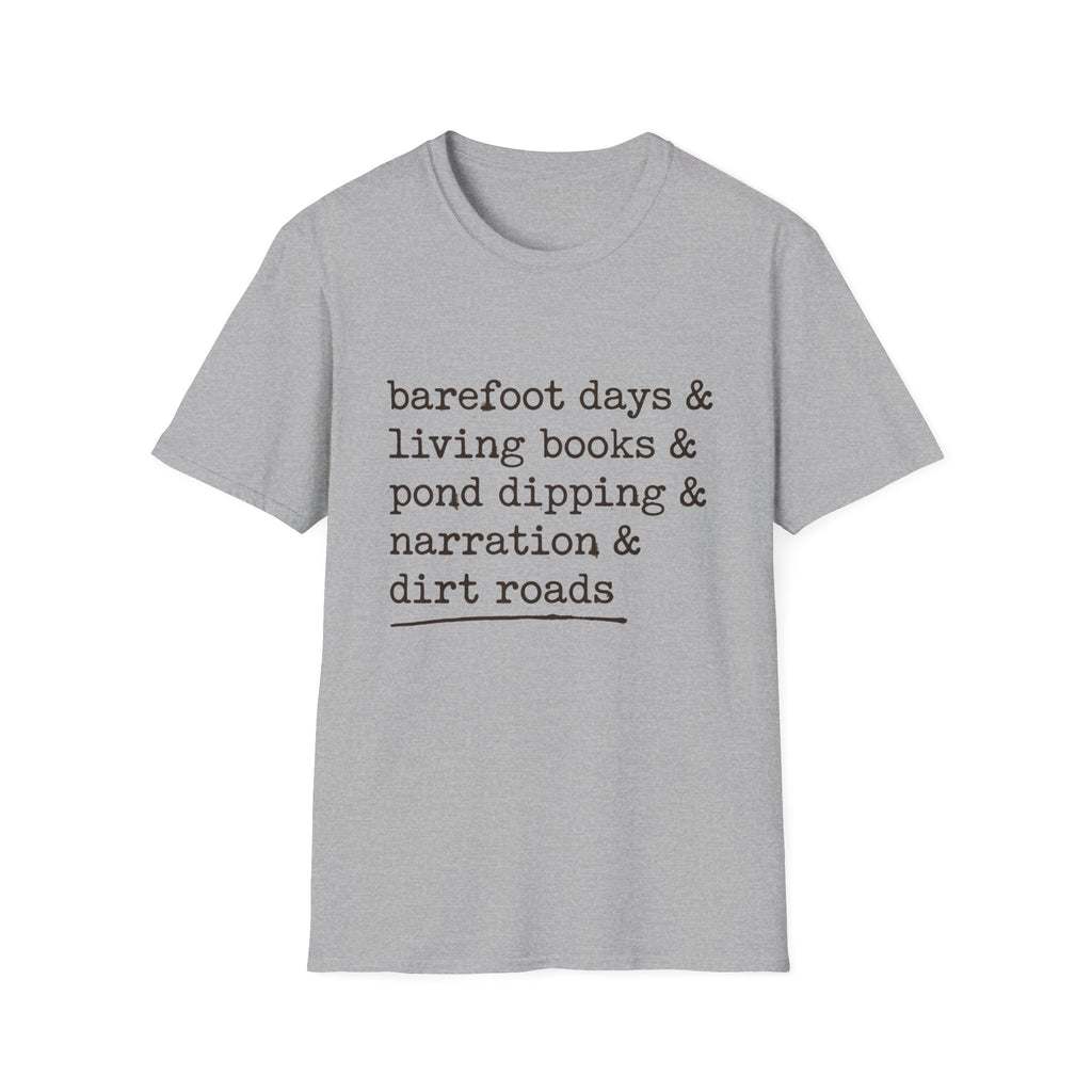 Barefoot Days Check List homeschool mom graphic t-shirt with a playful checklist-style homeschool graphic with bookish and nature-inspired details