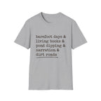 Barefoot Days Check List homeschool mom graphic t-shirt with a playful checklist-style homeschool graphic with bookish and nature-inspired details