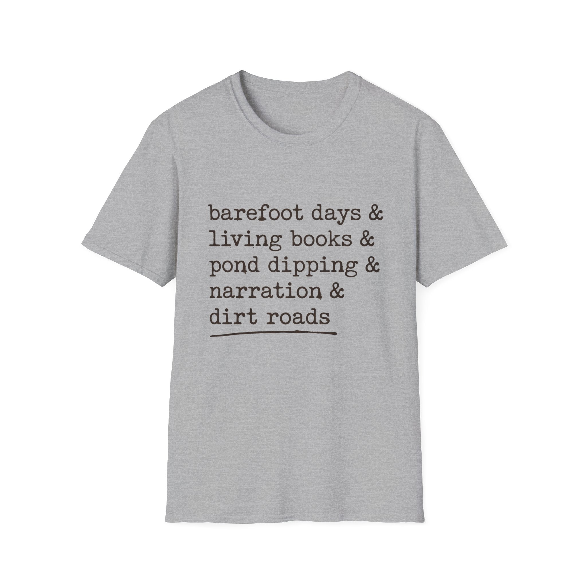 Barefoot Days Check List homeschool mom graphic t-shirt with a playful checklist-style homeschool graphic with bookish and nature-inspired details