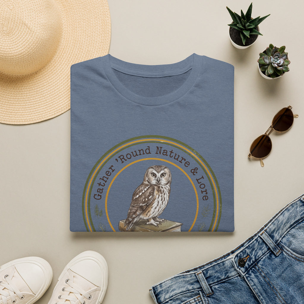 Gather Round Nature & Lore homeschool mom graphic t-shirt with a Charlotte Mason-inspired design with nature details, bookish elements, and classic homeschool lettering
