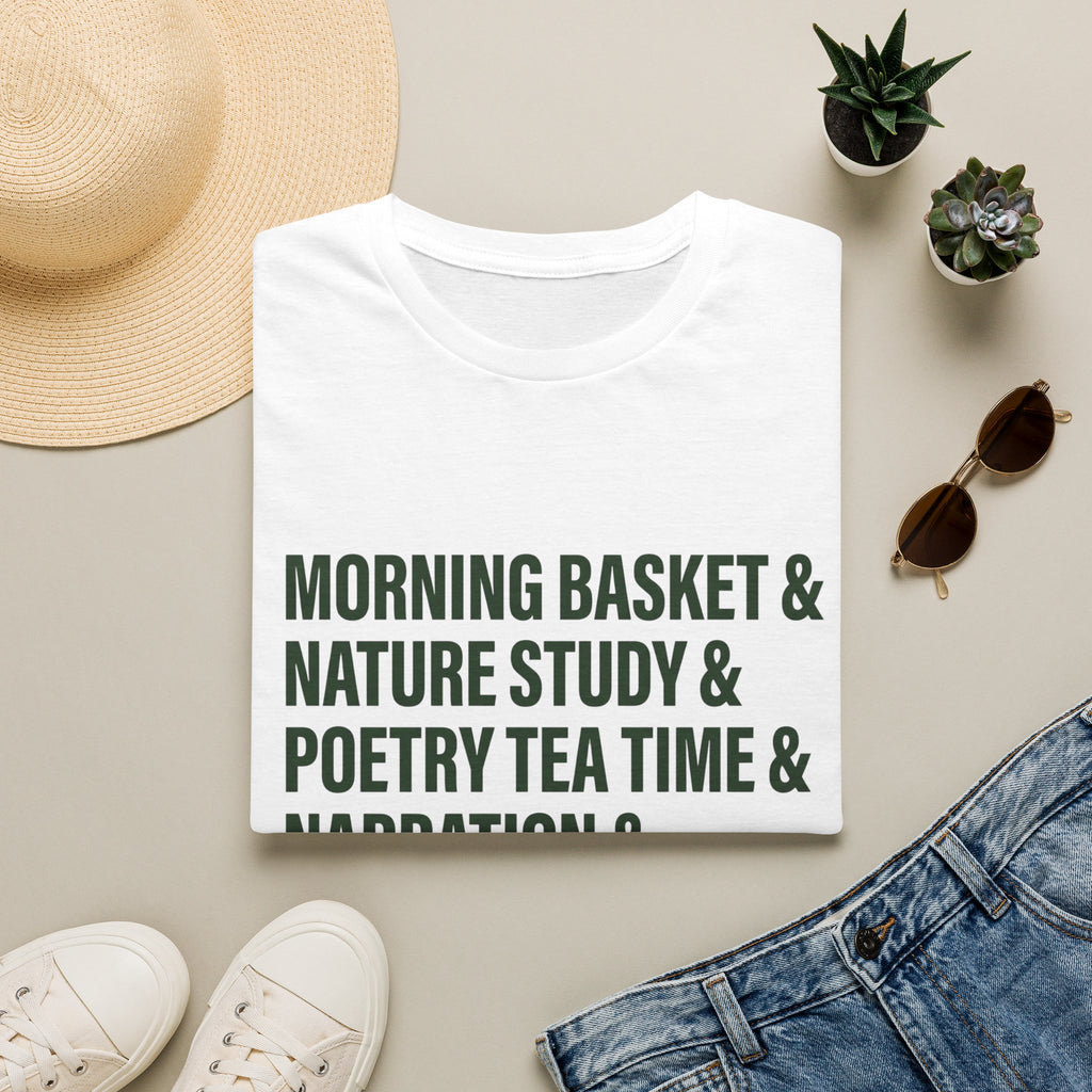 Narration Check List homeschool mom graphic t-shirt with a playful checklist-style homeschool graphic with bookish and nature-inspired details