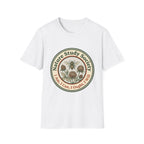 Nature Study Society homeschool mom graphic t-shirt with a Charlotte Mason-inspired design with books, nature details, and vintage homeschool charm