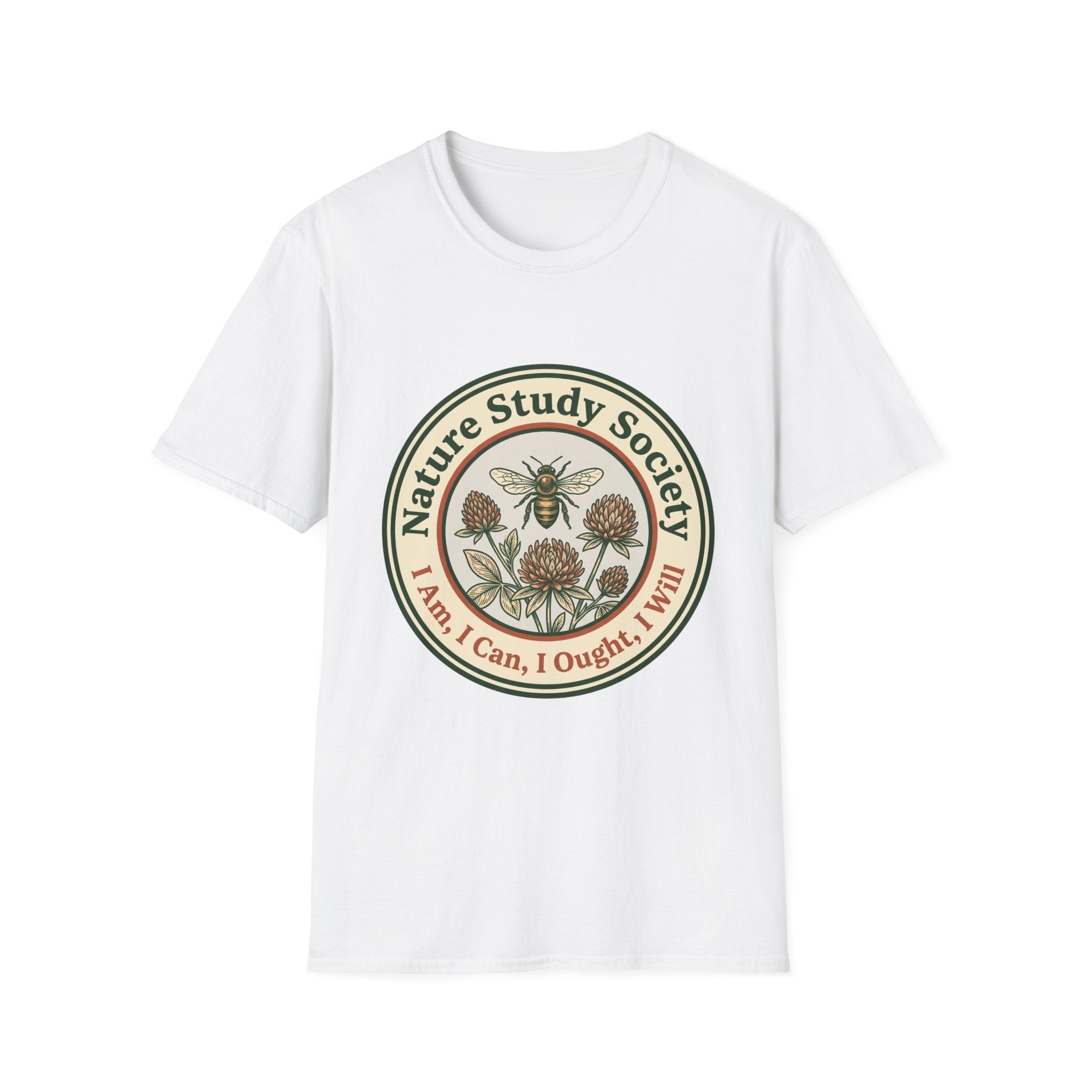 Nature Study Society homeschool mom graphic t-shirt with a Charlotte Mason-inspired design with books, nature details, and vintage homeschool charm