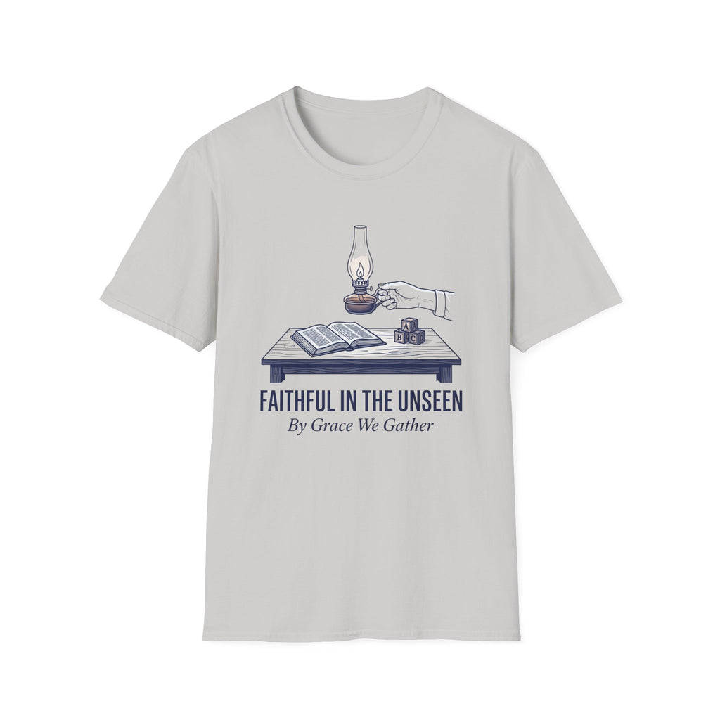 Faithful In The Unseen homeschool mom graphic t-shirt with a faith-filled homeschool design with gentle lettering and classic illustrative details
