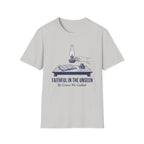 Faithful In The Unseen homeschool mom graphic t-shirt with a faith-filled homeschool design with gentle lettering and classic illustrative details