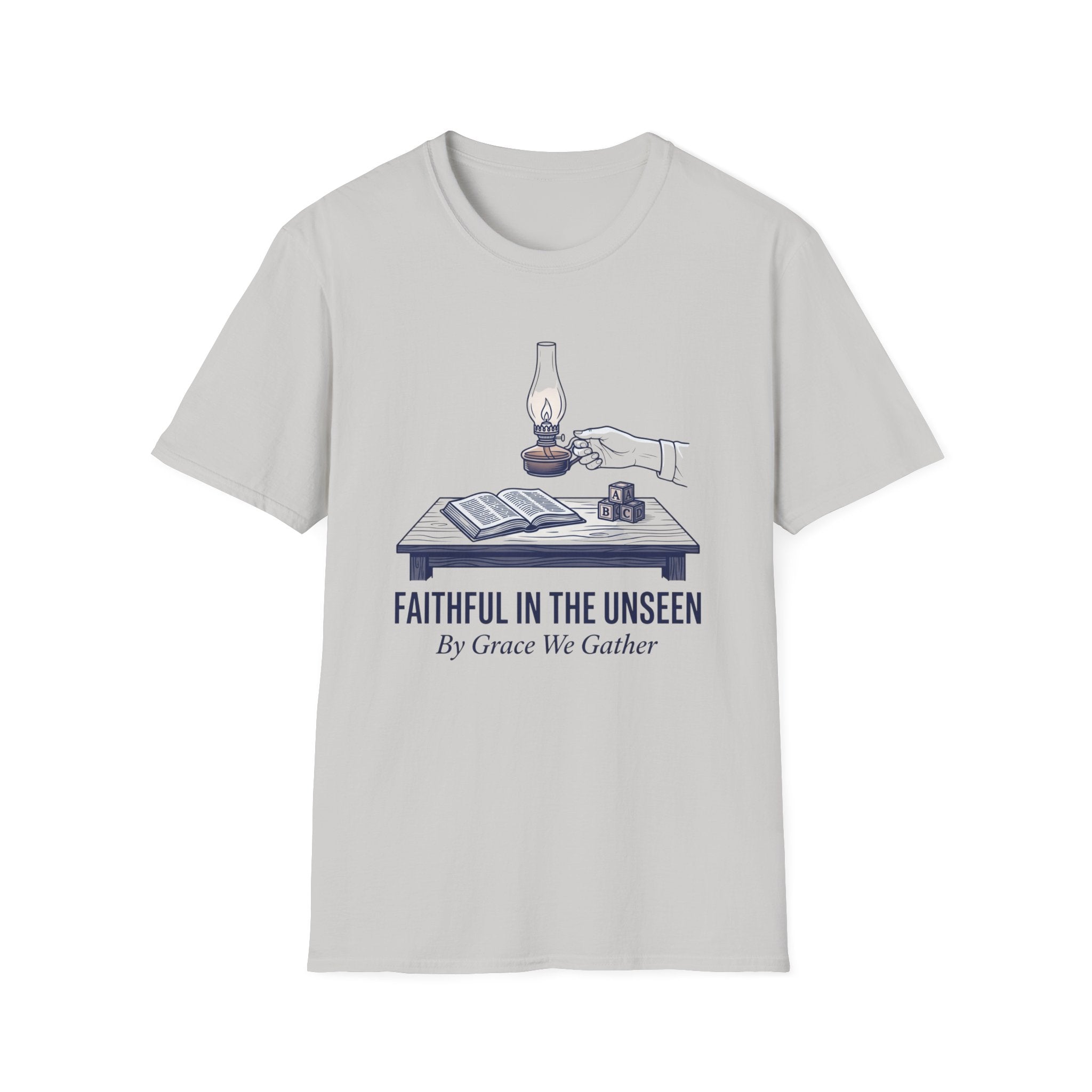 Faithful In The Unseen homeschool mom graphic t-shirt with a faith-filled homeschool design with gentle lettering and classic illustrative details