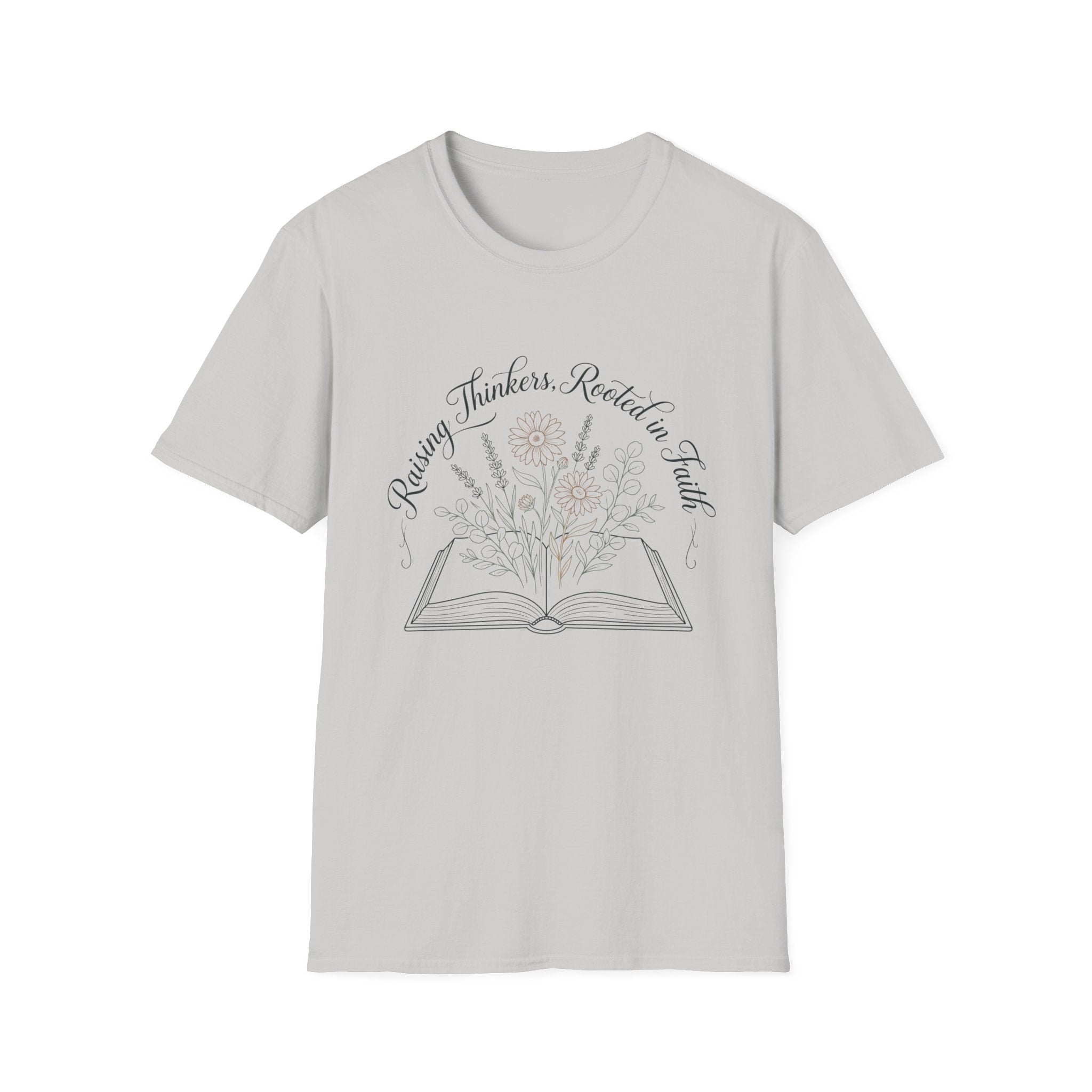 Raising Thinkers, Rooted in Faith Floral Book homeschool mom graphic t-shirt with a faith-filled homeschool design with gentle lettering and classic illustrative details
