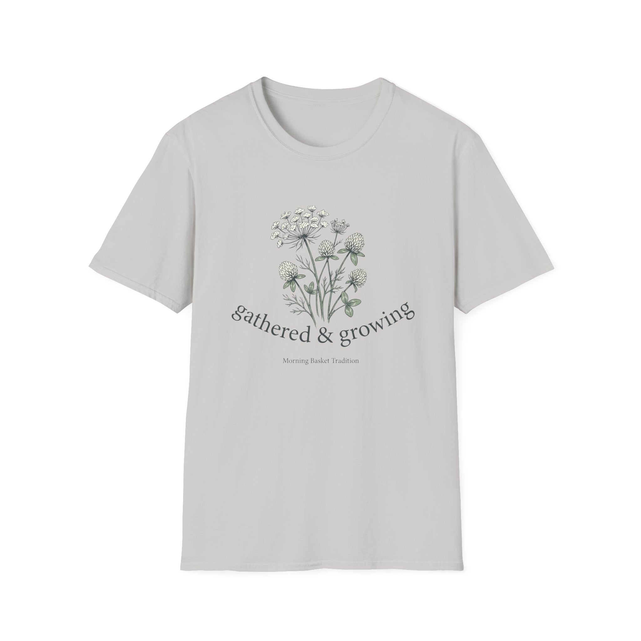 Gathered & Growing homeschool mom graphic t-shirt with a gathered-at-home inspired graphic with books, florals, and cozy family learning details