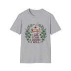 I Can I Am I Ought I Will homeschool mom graphic t-shirt with a Charlotte Mason-inspired design with nature details, bookish elements, and classic homeschool lettering