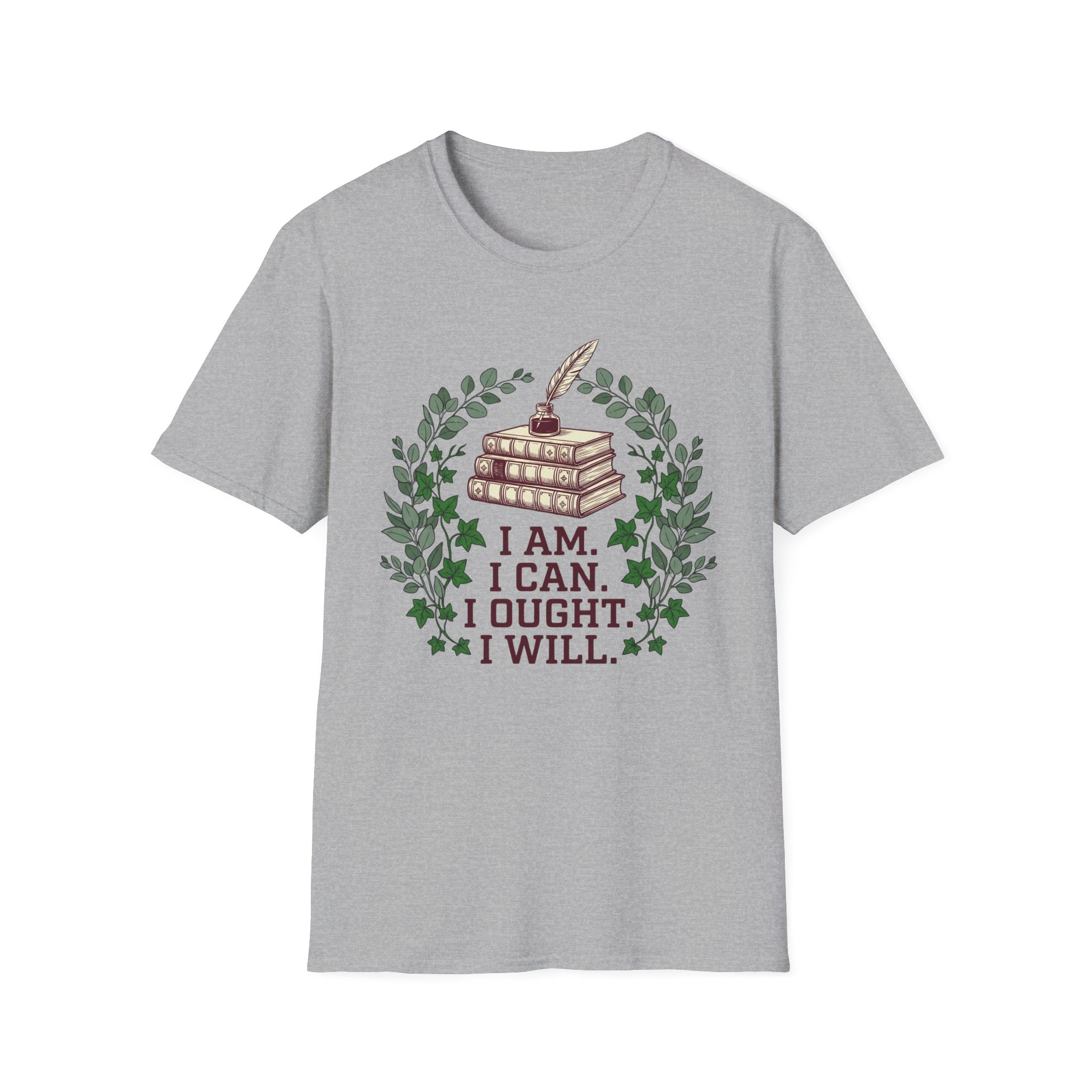 I Can I Am I Ought I Will homeschool mom graphic t-shirt with a Charlotte Mason-inspired design with nature details, bookish elements, and classic homeschool lettering