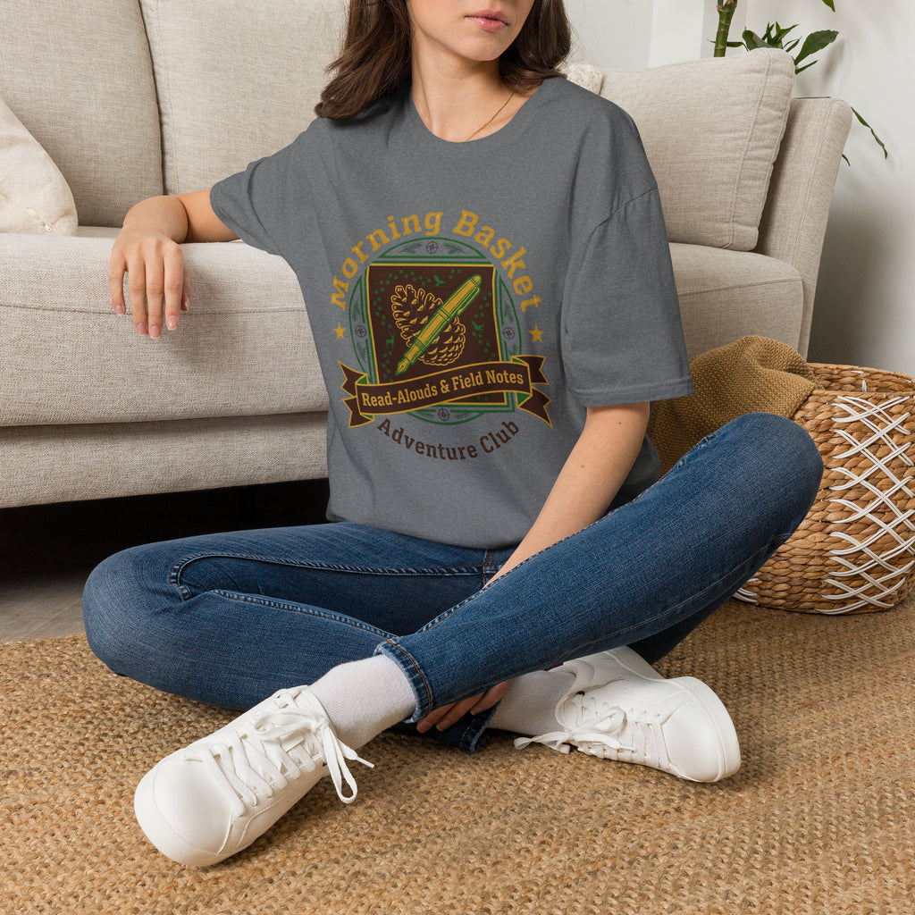 Morning Basket Adventure Club homeschool mom graphic t-shirt with a cozy morning basket-inspired design with books, gentle details, and home learning charm