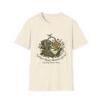 Gather, Read, Wonder, Grow homeschool mom graphic t-shirt with a gathered-at-home inspired graphic with books, florals, and cozy family learning details