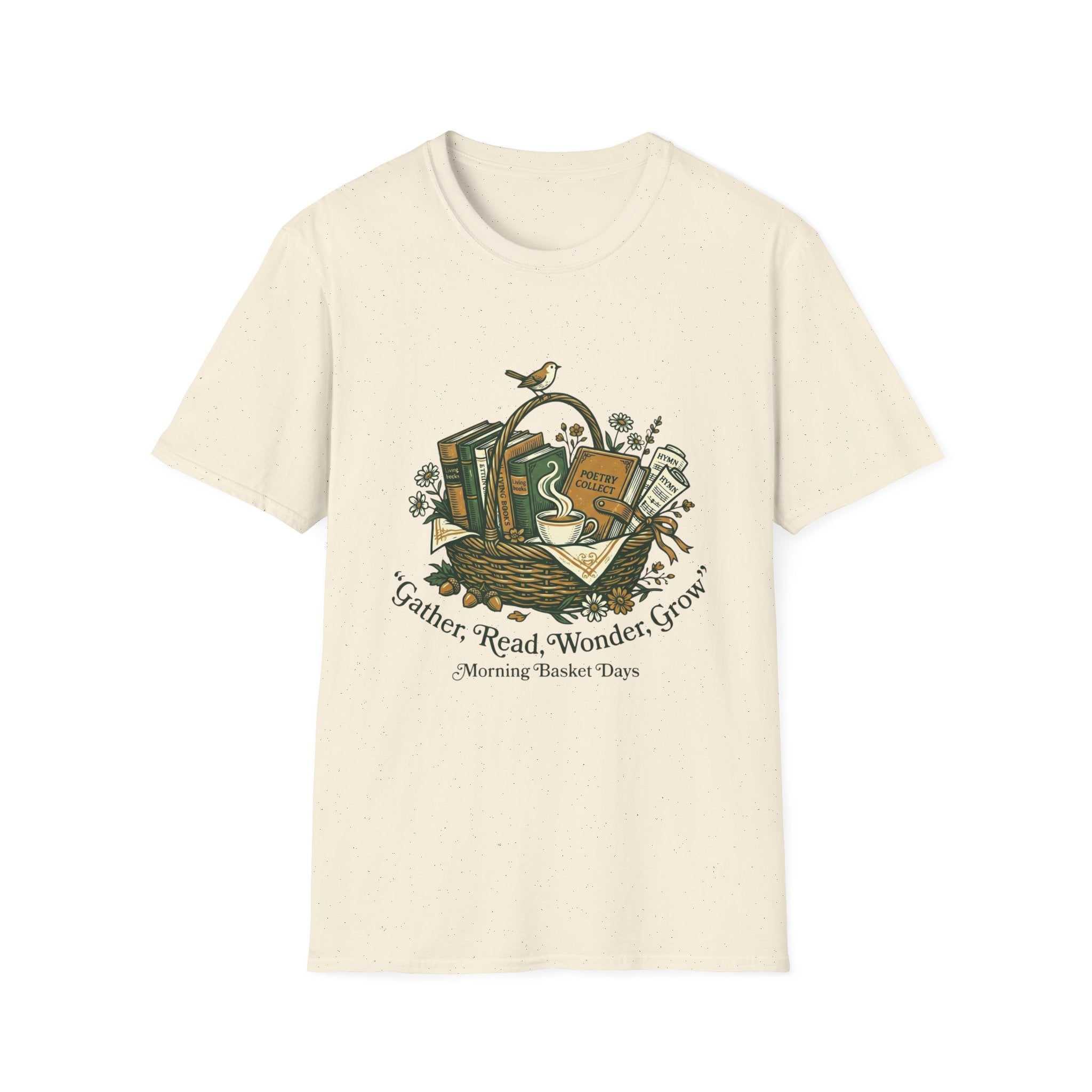 Gather, Read, Wonder, Grow homeschool mom graphic t-shirt with a gathered-at-home inspired graphic with books, florals, and cozy family learning details