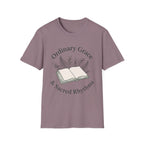 Ordinary Grace homeschool mom graphic t-shirt with a faith-filled homeschool design with gentle lettering and classic illustrative details