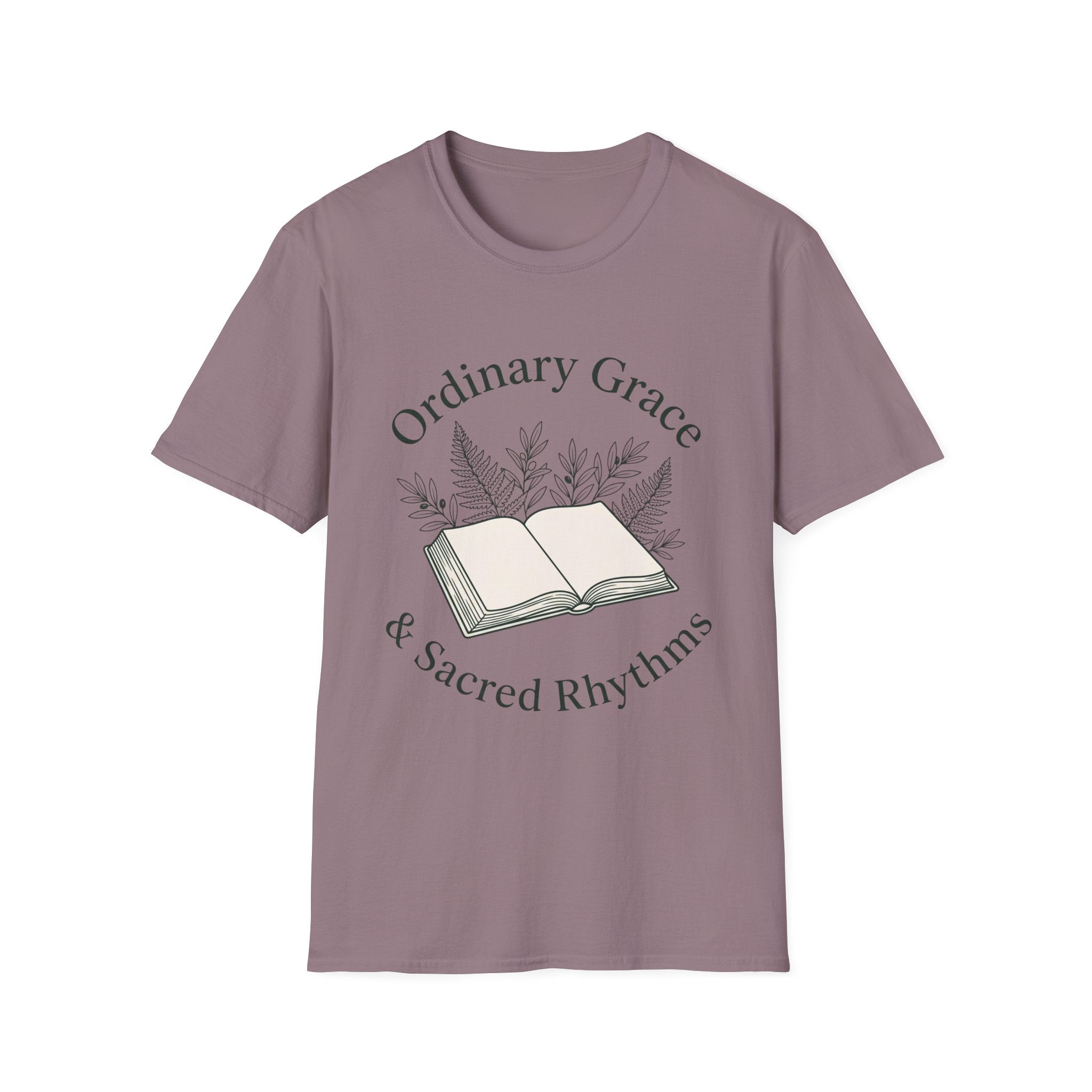 Ordinary Grace homeschool mom graphic t-shirt with a faith-filled homeschool design with gentle lettering and classic illustrative details