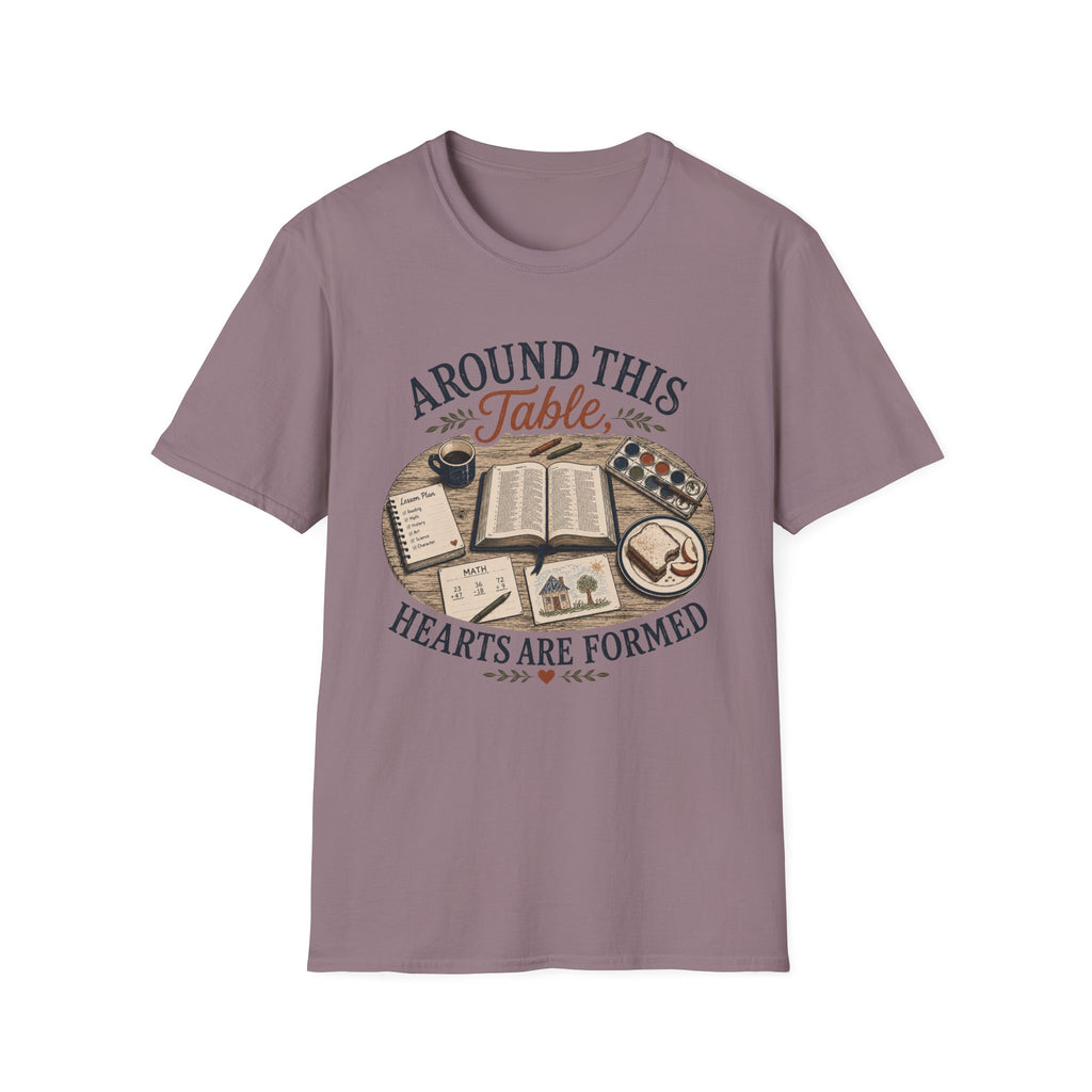 Around This Table homeschool mom graphic t-shirt with a gathered-at-home inspired graphic with books, florals, and cozy family learning details