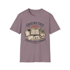Around This Table homeschool mom graphic t-shirt with a gathered-at-home inspired graphic with books, florals, and cozy family learning details