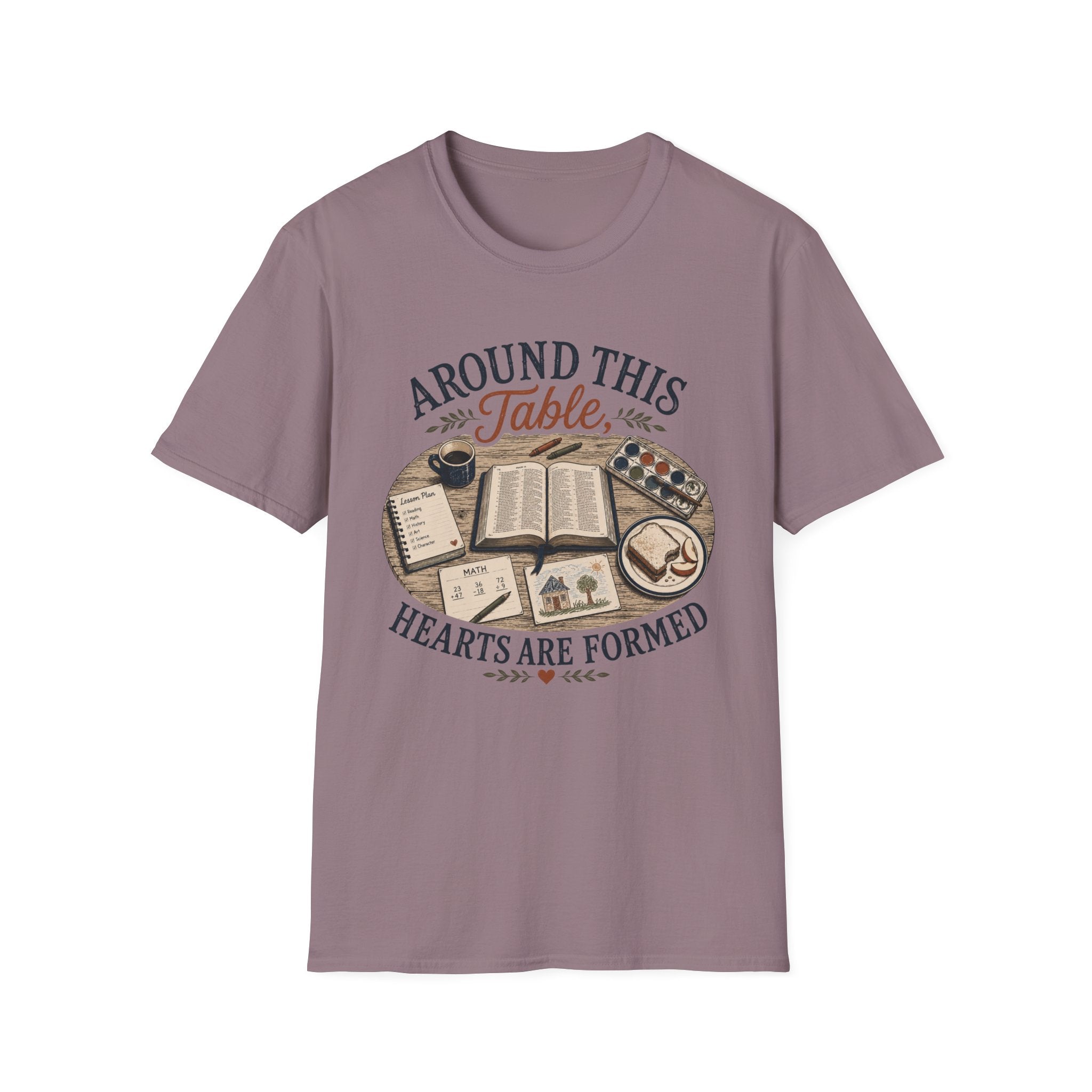 Around This Table homeschool mom graphic t-shirt with a gathered-at-home inspired graphic with books, florals, and cozy family learning details