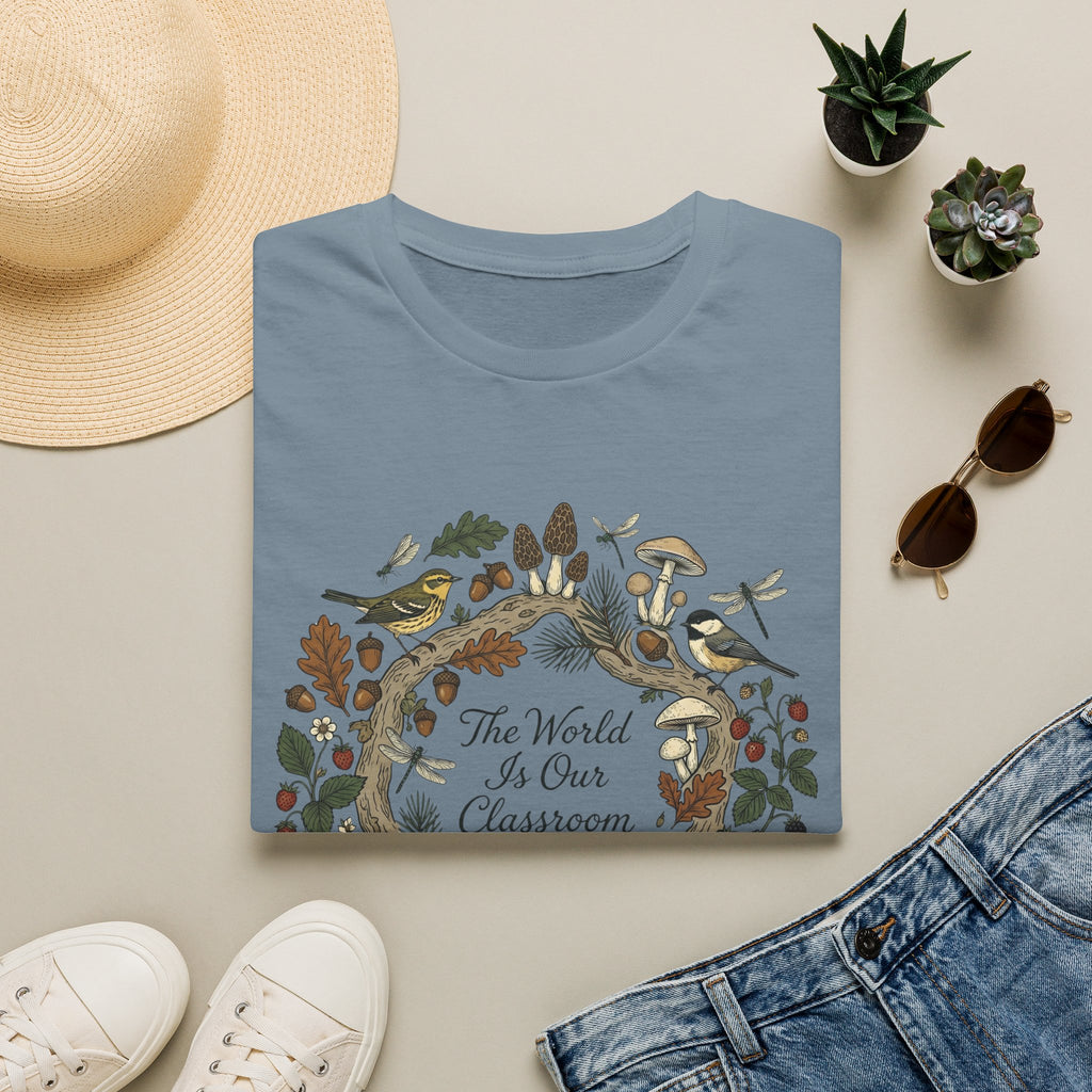 The World Is Our Classroom homeschool mom graphic t-shirt with an adventurous homeschool graphic with nature, books, and outdoor learning energy