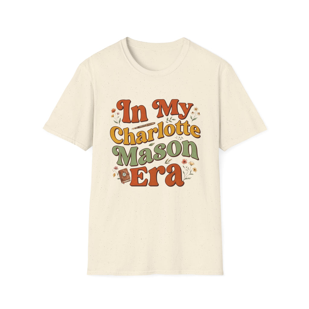In My Charlotte Mason Era homeschool mom graphic t-shirt with a Charlotte Mason-inspired design with books, nature details, and vintage homeschool charm