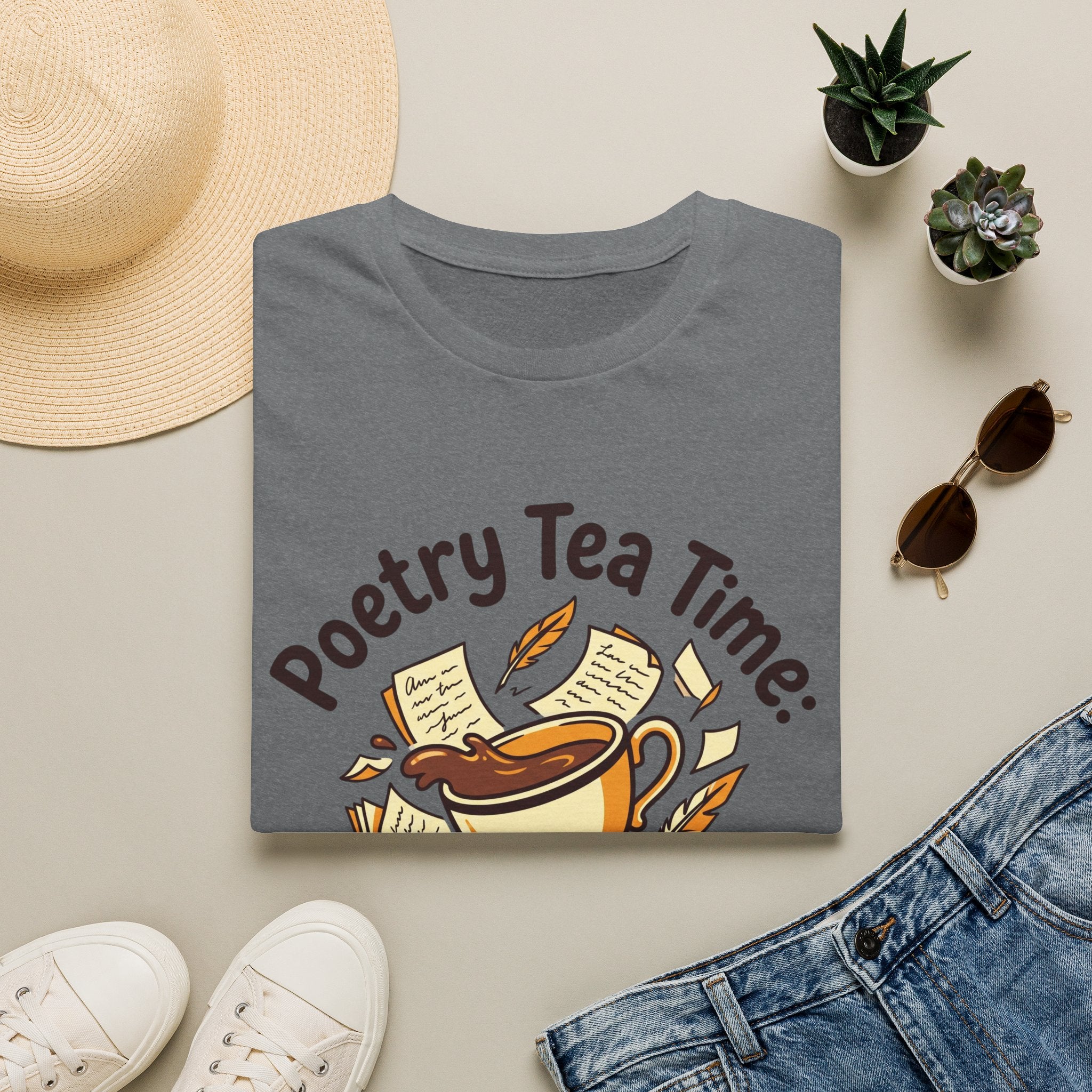 Poetry Tea Time homeschool mom graphic t-shirt with a cozy poetry teatime graphic with tea, books, and vintage homeschool charm