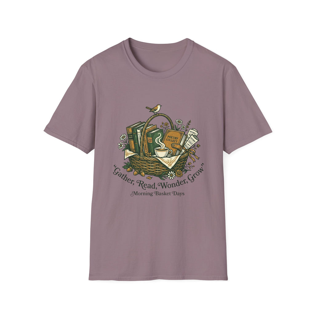 Gather, Read, Wonder, Grow homeschool mom graphic t-shirt with a gathered-at-home inspired graphic with books, florals, and cozy family learning details