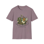 Gather, Read, Wonder, Grow homeschool mom graphic t-shirt with a gathered-at-home inspired graphic with books, florals, and cozy family learning details