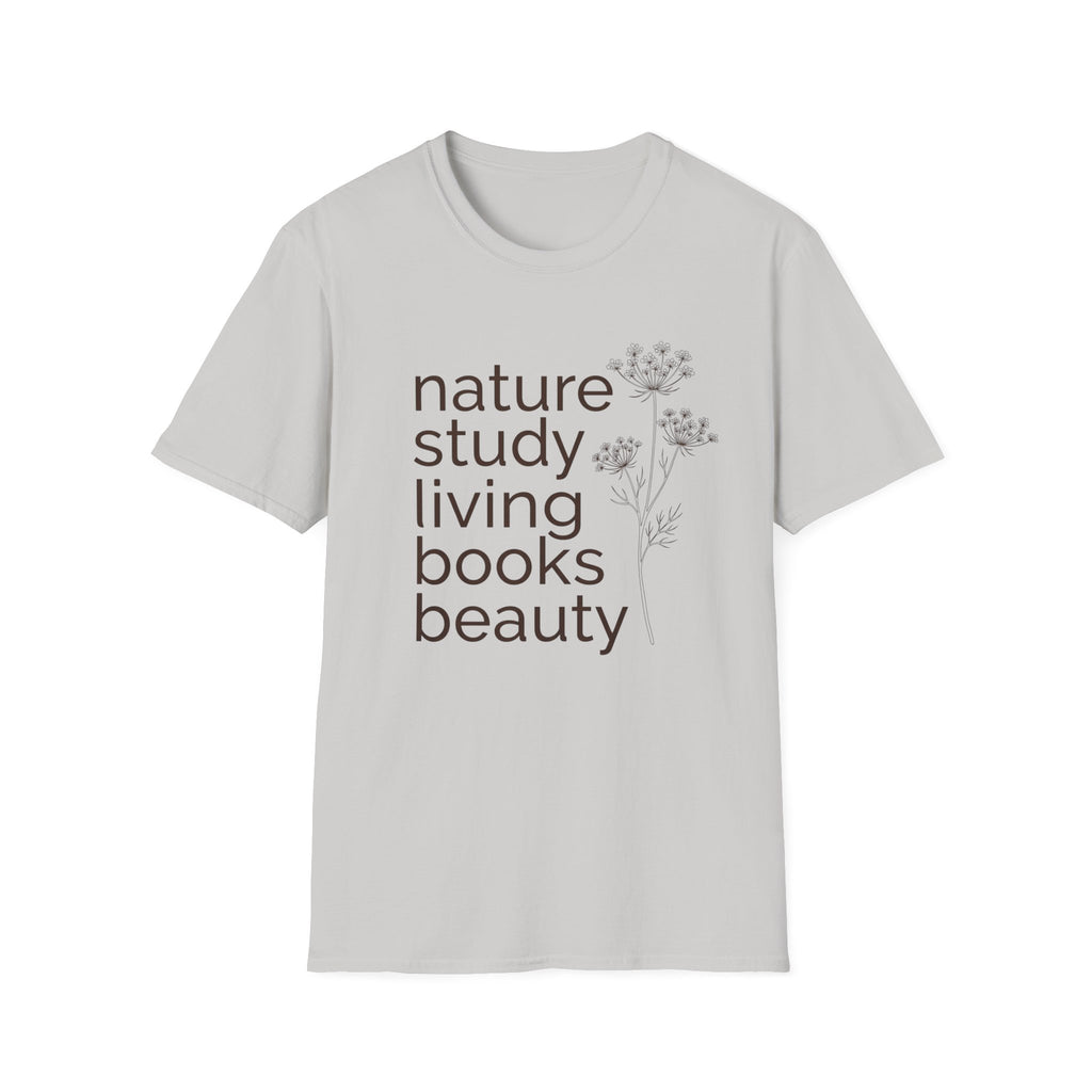 Nature Study, Living Books, Beauty homeschool mom graphic t-shirt with a faith-filled homeschool design with gentle lettering and classic illustrative details