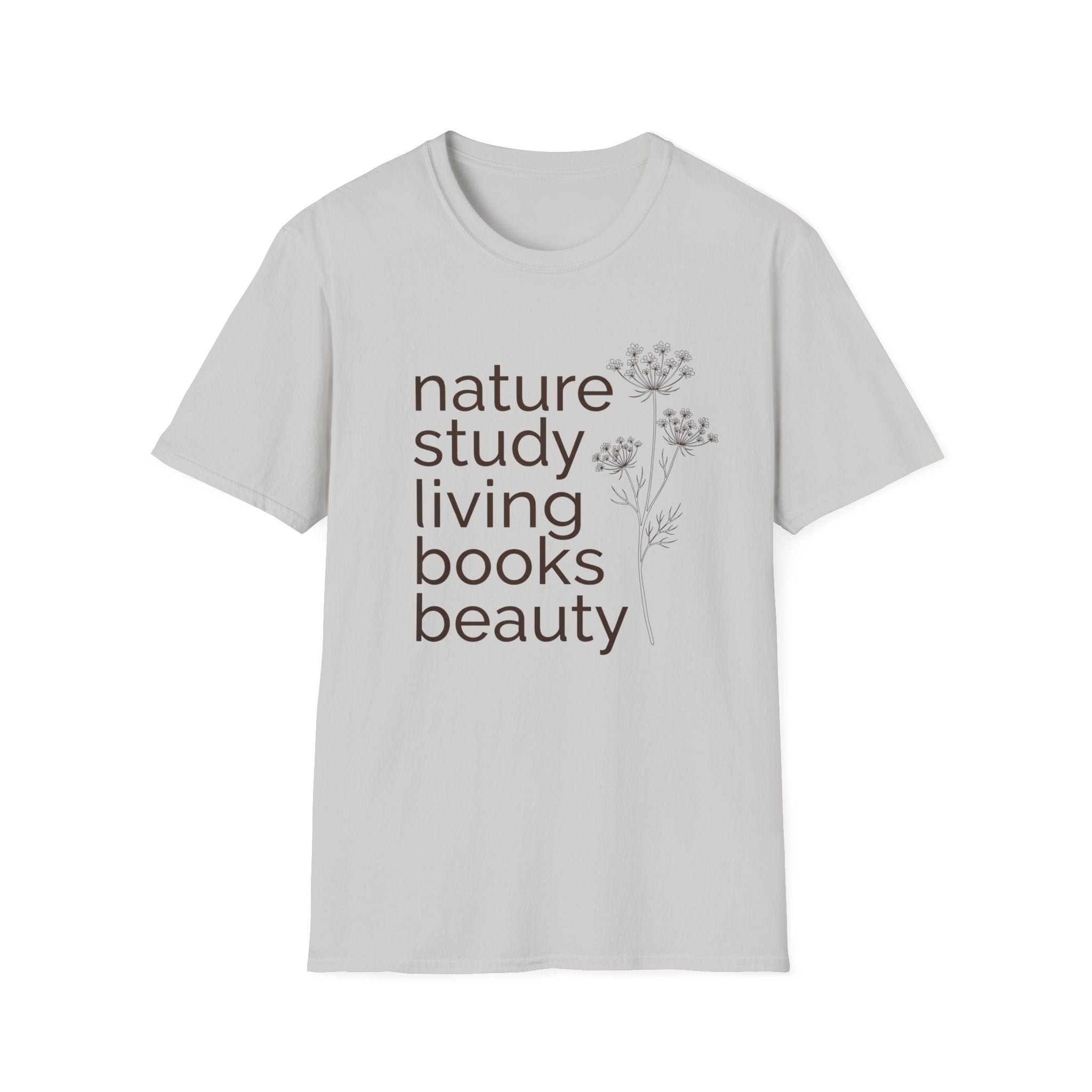 Nature Study, Living Books, Beauty homeschool mom graphic t-shirt with a faith-filled homeschool design with gentle lettering and classic illustrative details