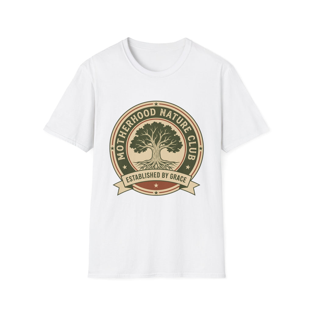 Motherhood Nature Club homeschool mom graphic t-shirt with a faith-filled homeschool design with gentle lettering and classic illustrative details