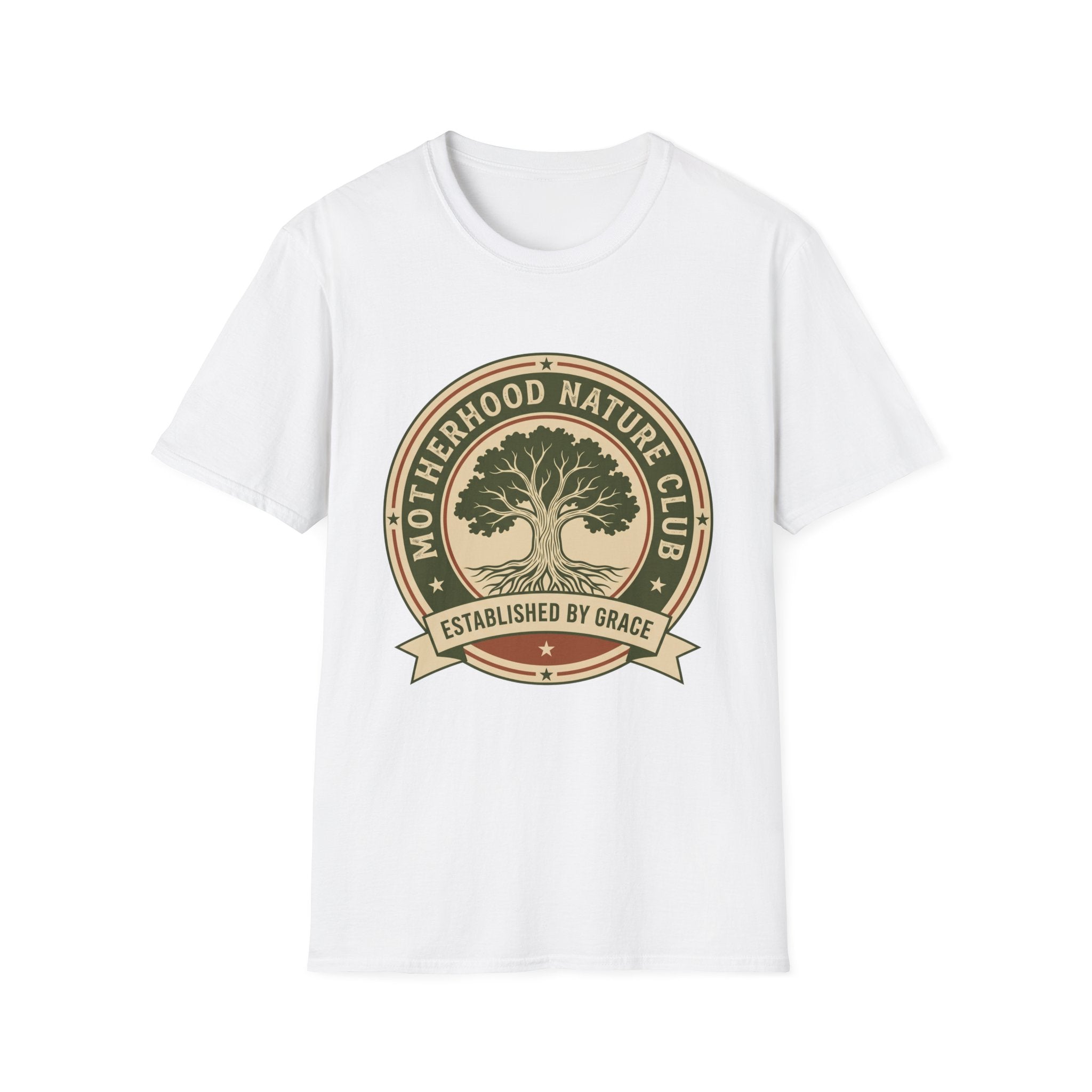 Motherhood Nature Club homeschool mom graphic t-shirt with a faith-filled homeschool design with gentle lettering and classic illustrative details