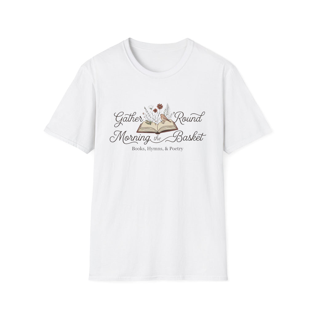 Gather Round The Morning Basket homeschool mom graphic t-shirt with a gathered-at-home inspired graphic with books, florals, and cozy family learning details