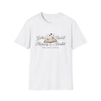 Gather Round The Morning Basket homeschool mom graphic t-shirt with a gathered-at-home inspired graphic with books, florals, and cozy family learning details