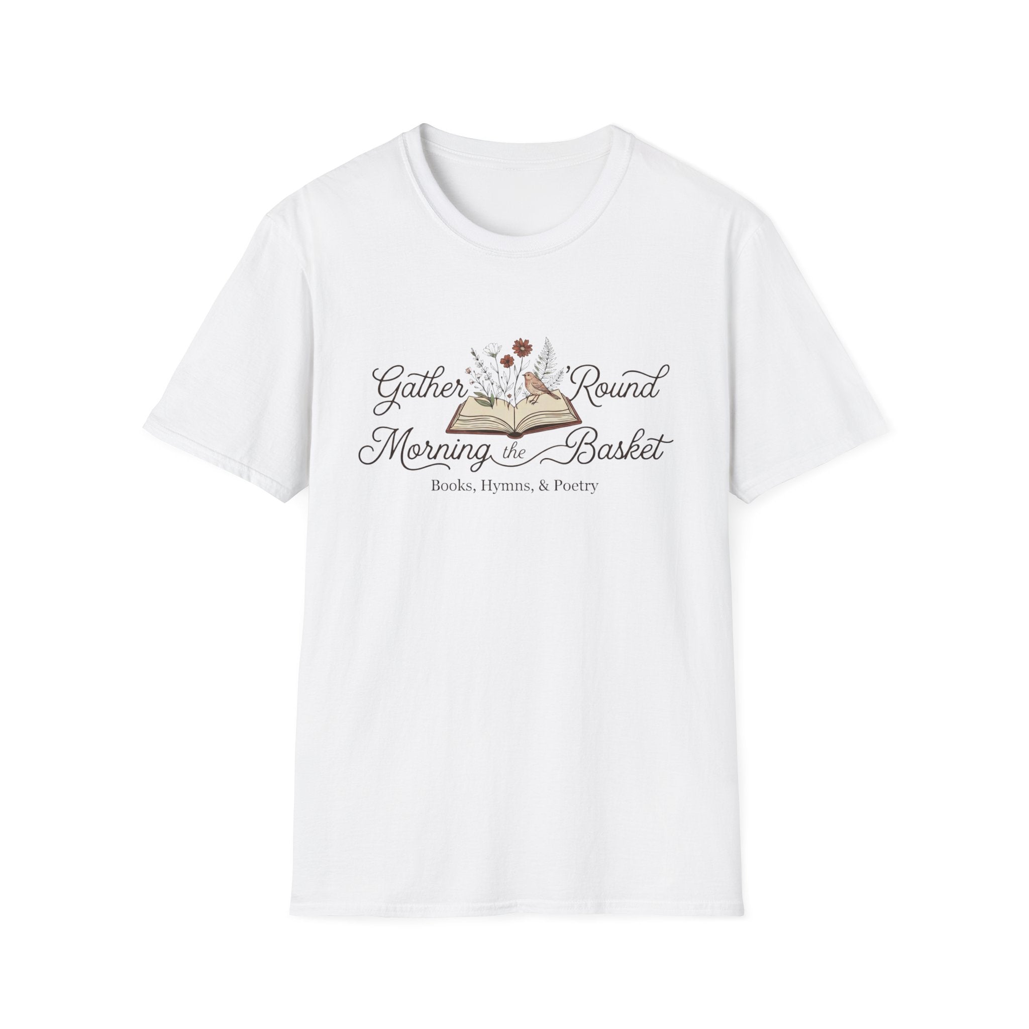 Gather Round The Morning Basket homeschool mom graphic t-shirt with a gathered-at-home inspired graphic with books, florals, and cozy family learning details