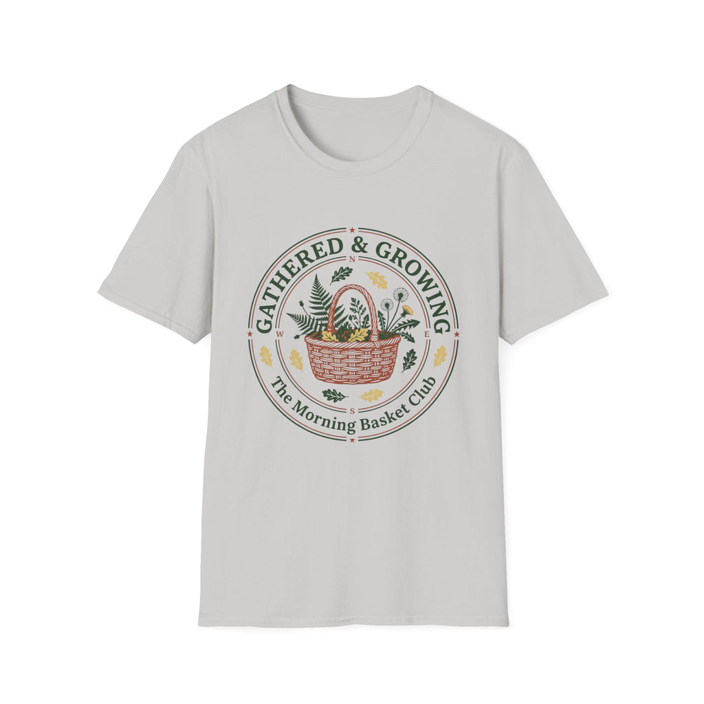 Gathered & Growing homeschool mom graphic t-shirt with a gathered-at-home inspired graphic with books, florals, and cozy family learning details