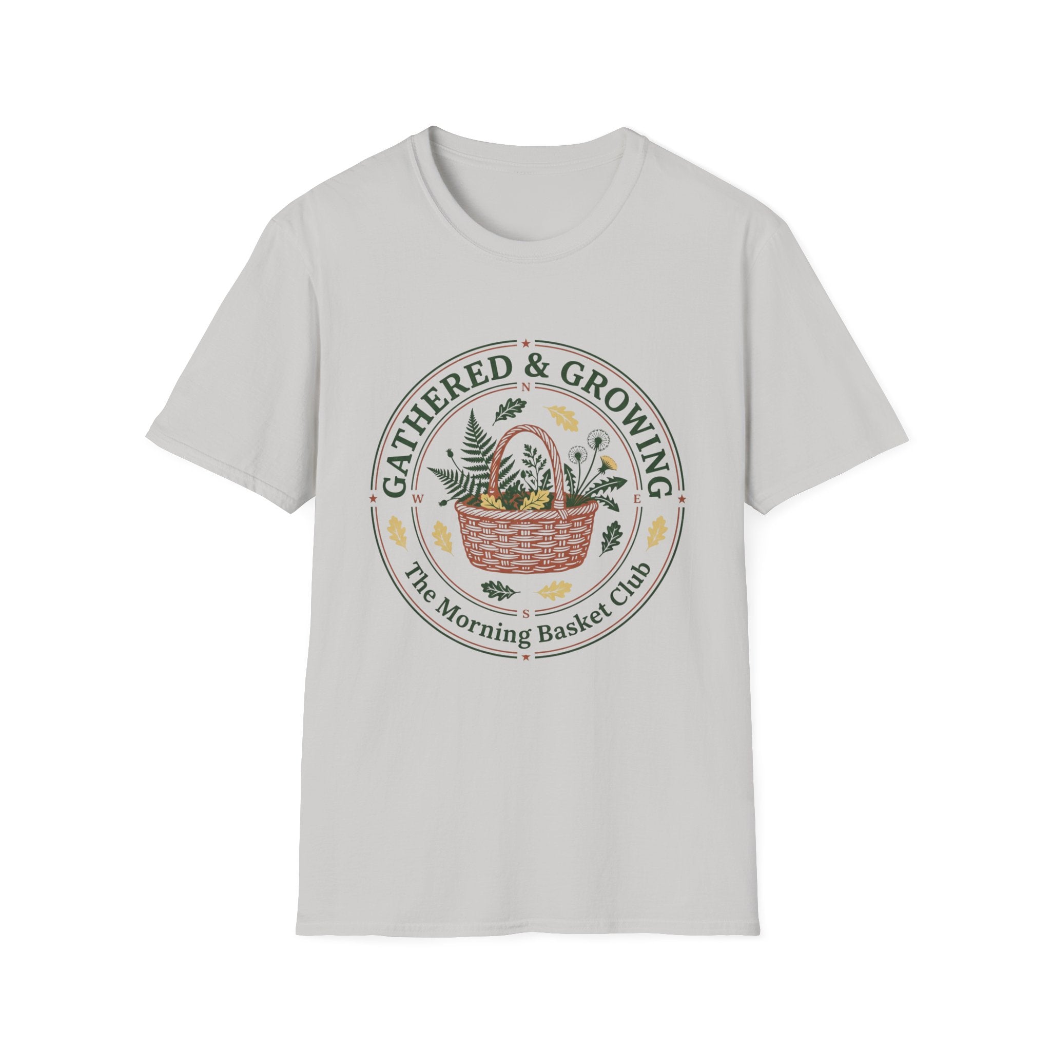 Gathered & Growing homeschool mom graphic t-shirt with a gathered-at-home inspired graphic with books, florals, and cozy family learning details