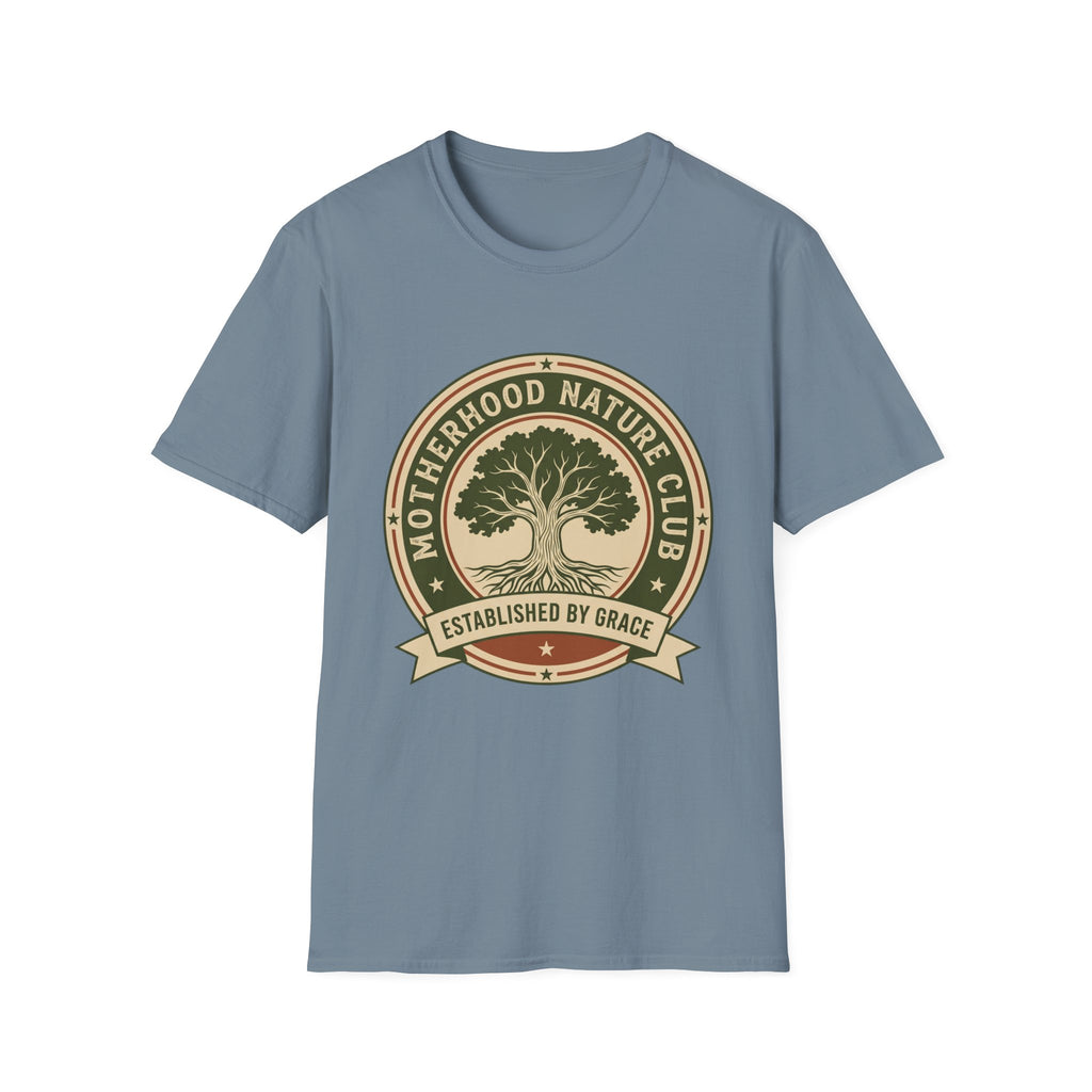 Motherhood Nature Club homeschool mom graphic t-shirt with a faith-filled homeschool design with gentle lettering and classic illustrative details