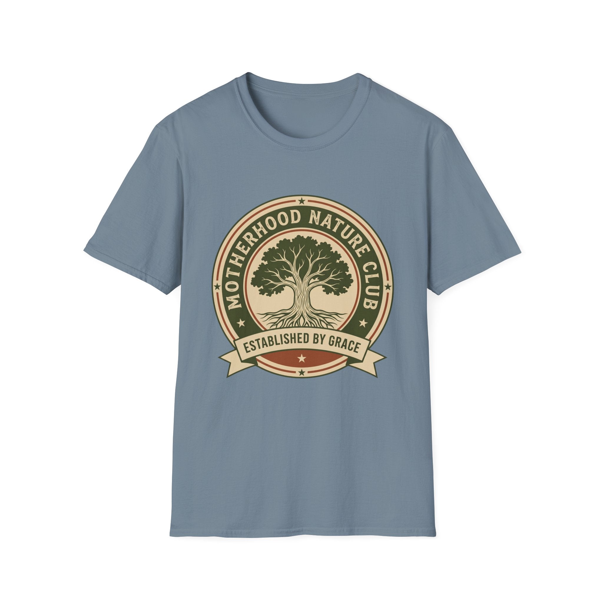 Motherhood Nature Club homeschool mom graphic t-shirt with a faith-filled homeschool design with gentle lettering and classic illustrative details