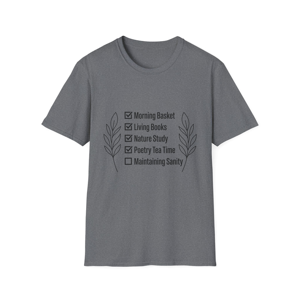 Homeschool Check List homeschool mom graphic t-shirt with a playful checklist-style homeschool graphic with bookish and nature-inspired details
