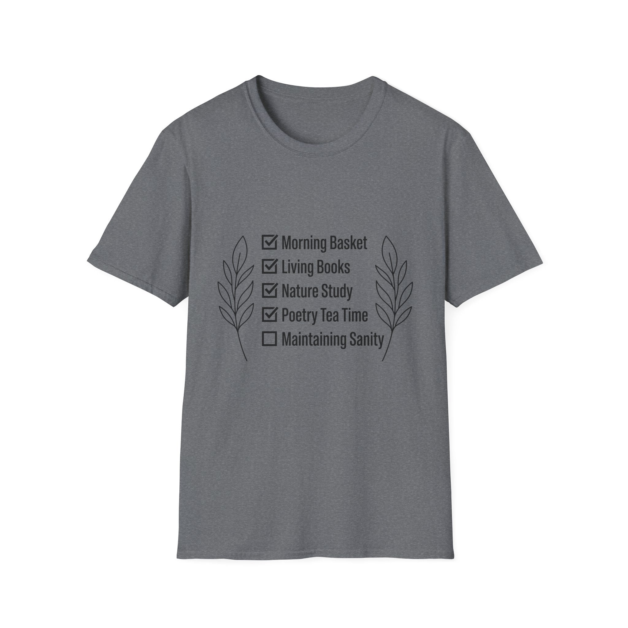 Homeschool Check List homeschool mom graphic t-shirt with a playful checklist-style homeschool graphic with bookish and nature-inspired details
