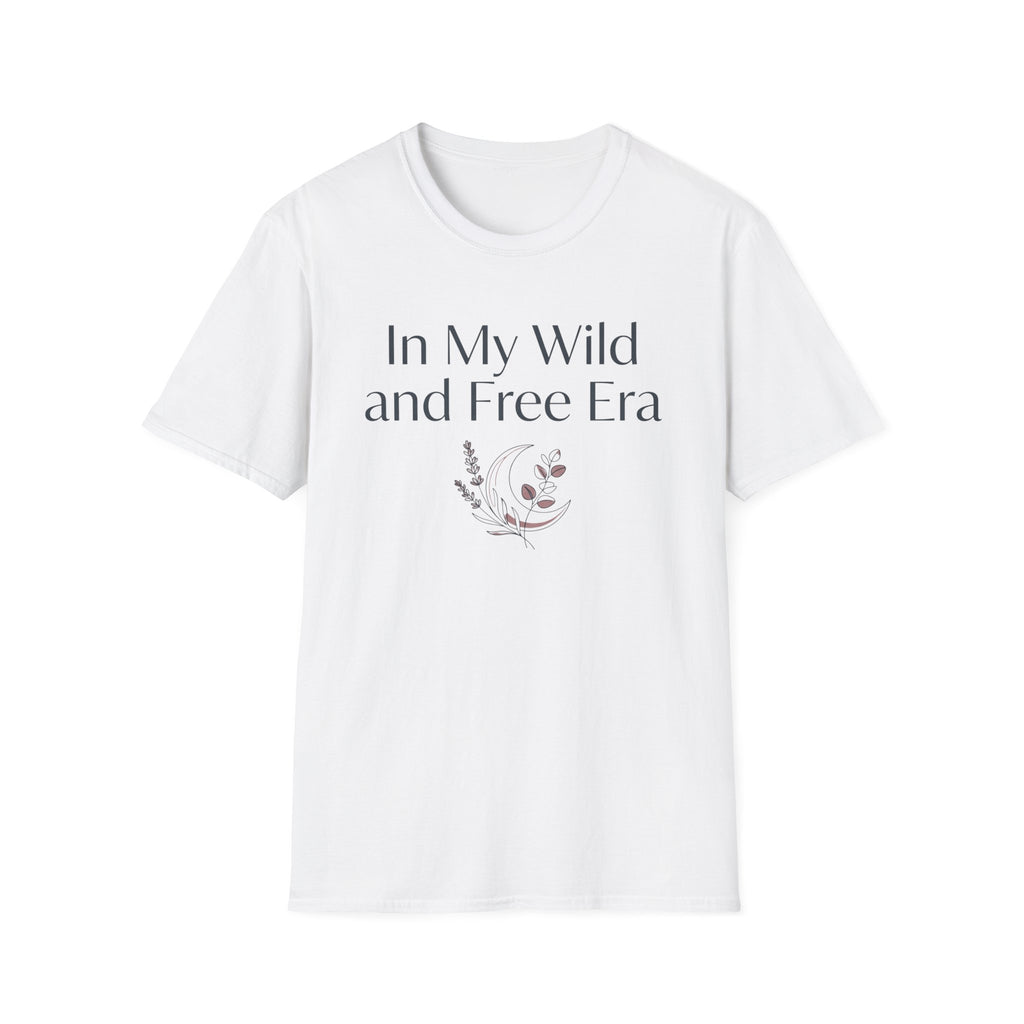 My Wild and Free Era homeschool mom graphic t-shirt with an adventurous homeschool graphic with nature, books, and outdoor learning energy